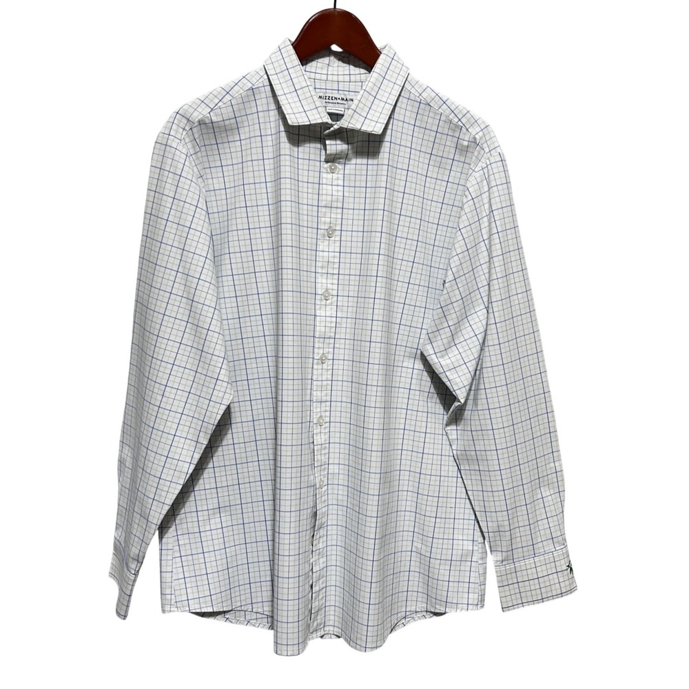 Mizzen+Main Men XL Dress Shirt White Blue Plaid Performance Stretch Classic Fit